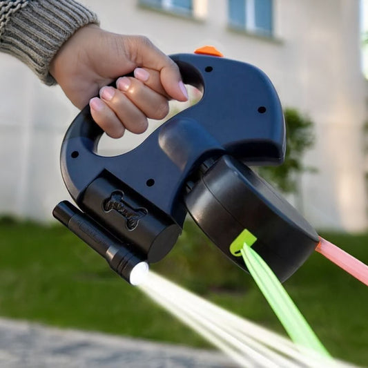 Dual Retractable Dog Leash with Flashlight & Waste Bag Holder