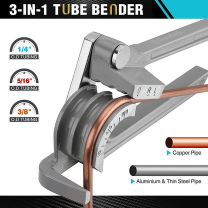 Tube Bender, Pipe Bender, 3-IN-1, 1/4", 5/16", 3/8", for Copper, Brass, Aluminum and Thin Steel Pipes